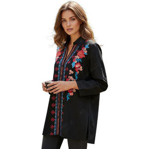 Andree by Unit Button Up Blouse Womens M Black Tunic Floral Embroidered Boho